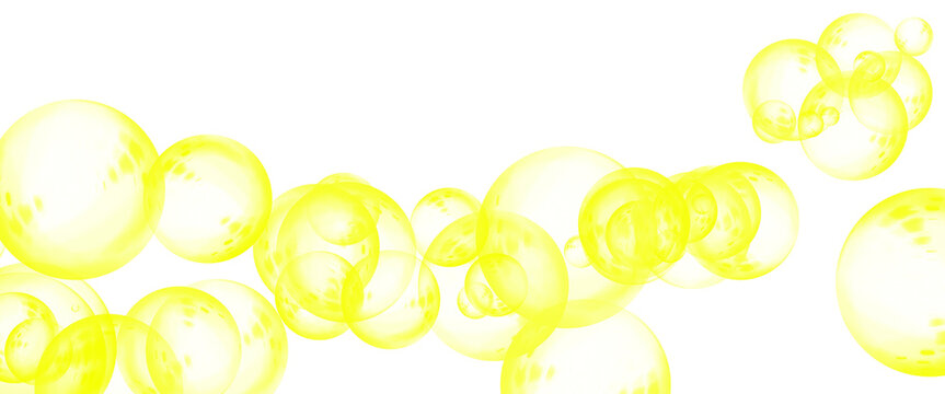 Vibrant yellow bubbles on white background, floating golden spheres with transparent texture, bright citrus colored soap suds for summer design