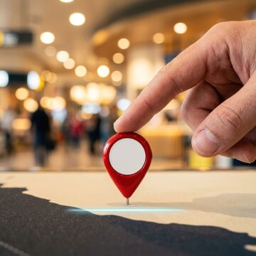 Finger pointing at a red map pin on a map in a shopping mall.