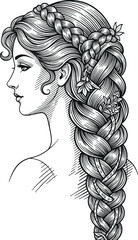 Beautiful woman profile portrait vector engraving featuring long elegant braided hairstyle with flowers in vintage woodcut line art style © MDMAHABUR
