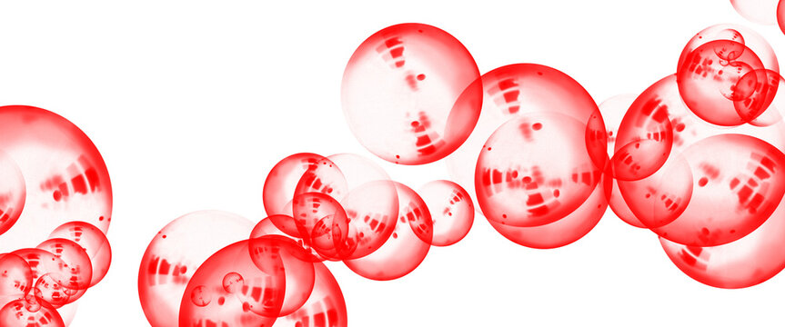 Vibrant red bubbles floating on white background, abstract liquid spheres with glossy texture, creative blood cell concept or soda carbonation