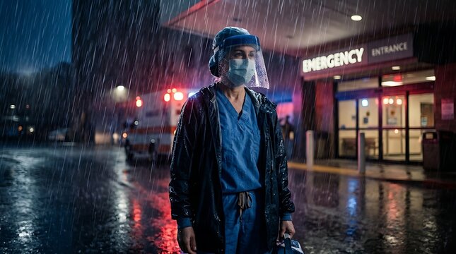 Healthcare Worker Wearing Mask and Face Shield Standing in Rain Outside Emergency Entrance