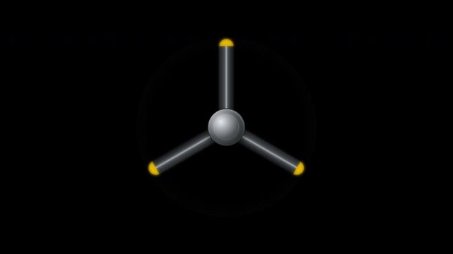 A rotating fan featuring a central gray sphere connected to three gray rods with yellow tips, representing a chemical structure