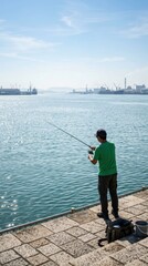 Fototapeta premium Man Fishing from a Pier with Cityscape in the Background.