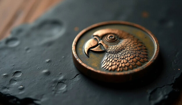 coin with a parrot face on it captured in close detail