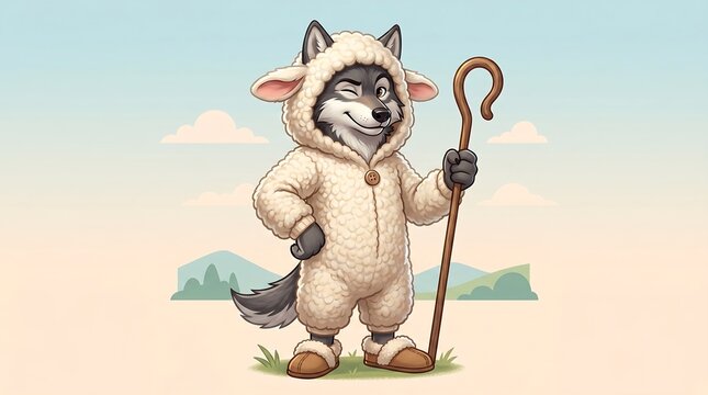 funny wolf in sheep costume holding shepherd crook staff