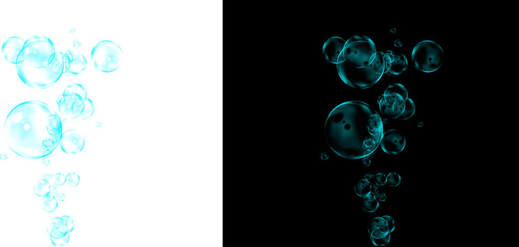 Floating turquoise water bubbles on white and black backgrounds, rising oxygen bubbles in liquid, transparent soap bubble overlay for design