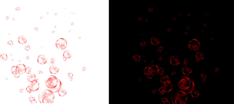 Red floating bubbles on white and black backgrounds, abstract liquid spheres in motion, ruby colored water droplets for creative design overlays