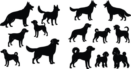 Obraz premium Black dog silhouettes in diverse breeds and poses arranged in groups for pet design and commercial use