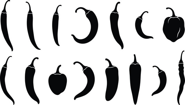 Black chili pepper silhouettes in assorted shapes and sizes arranged in rows for spicy food design and commercial use