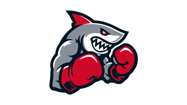 Aggressive boxing shark mascot illustration. Powerful aquatic predator character with red gloves, fierce expression, and sharp teeth.