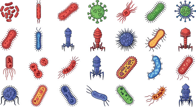 Bacteria and virus vector icon set featuring colorful microscopic microbes germs bacteriophages and pathogens isolated on white