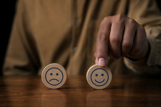 Hand selecting a wooden token with a happy face while ignoring a sad face token