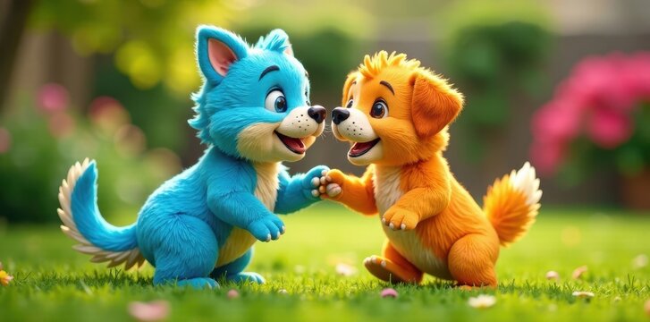 Bluey and Bingo playing together in a colorful backyard, backyard, celebration