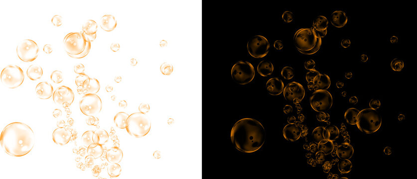 Golden champagne bubbles on black and white background, luxury amber liquid droplets, sparkling soda carbonation effect for beverage advertising