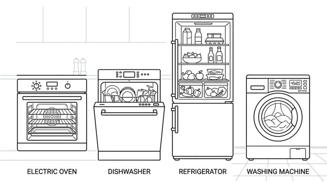 Kitchen Appliances Line Drawing: Oven, Dishwasher, Refrigerator, Washing Machine