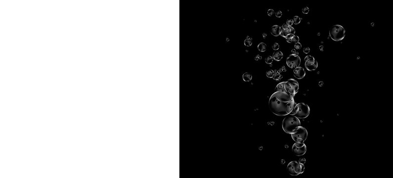 Effervescent water bubbles on black background, rising air bubbles in liquid, macro underwater oxygen bubbles for design overlays