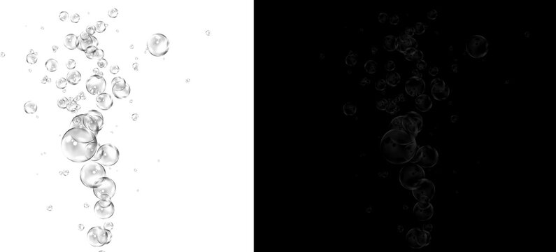 Underwater air bubbles on white and black background, rising water bubbles texture, realistic liquid oxygen bubbles for compositing and design