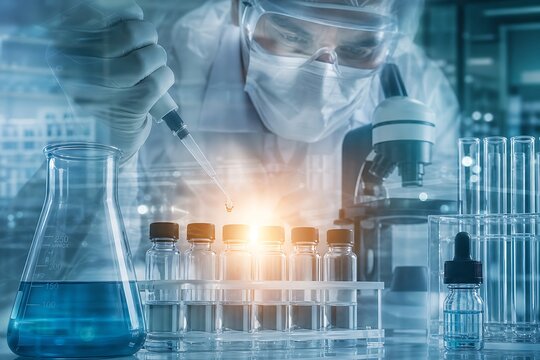Scientist in a lab coat analyzing test tubes under a bright light in a research laboratory setup