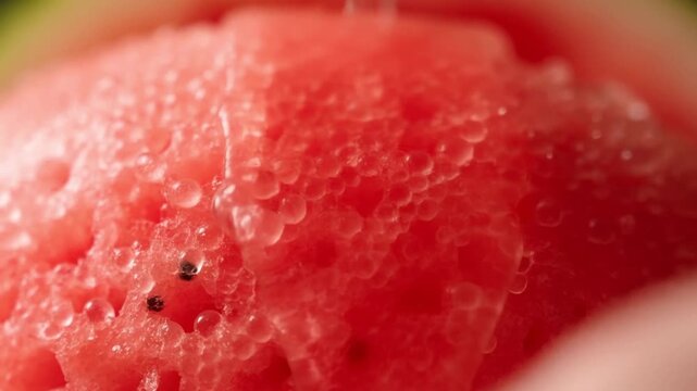 Extreme macro slow motion of a squeezed watermelon releasing a waterfall of pink juice from bursting vesicles concept of pressurized summer sweetness