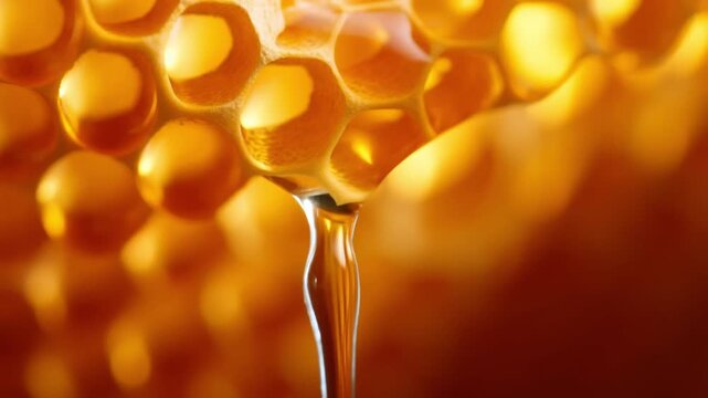 Extreme slow motion of golden honey dripping from a hexagonal beeswax cell with twisting liquid and warm backlight concept of liquid gold viscosity