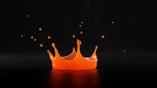 Macro of a blood orange juice drop splashing into a crown with satellite droplets on a black surface concept of frozen citrus energy