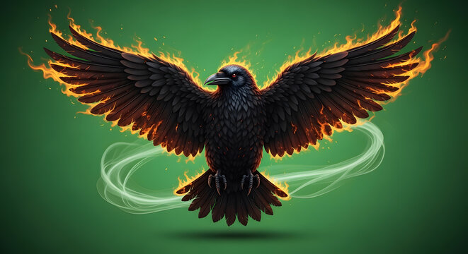 A black crow creature burns with fiery wings on green screen