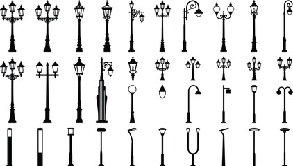 Fototapeta premium Vector Silhouette Collection of Street Lamps and Urban Lighting Designs for Architecture and Cityscape Illustration