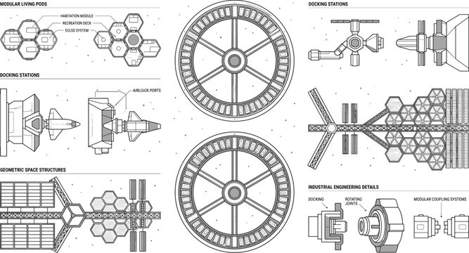 Futuristic space station blueprint vector set with modular habitats docking systems and sci fi engineering schematics