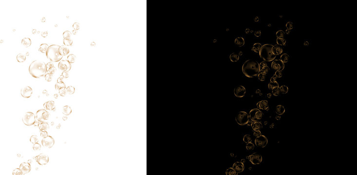 Golden champagne bubbles on white and black background, elegant fizzy liquid droplets, luxury carbonated drink texture for celebration