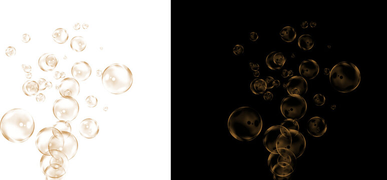 Golden champagne bubbles rising, sparkling liquid effervescence on white and black background, luxury carbonated drink texture for celebration