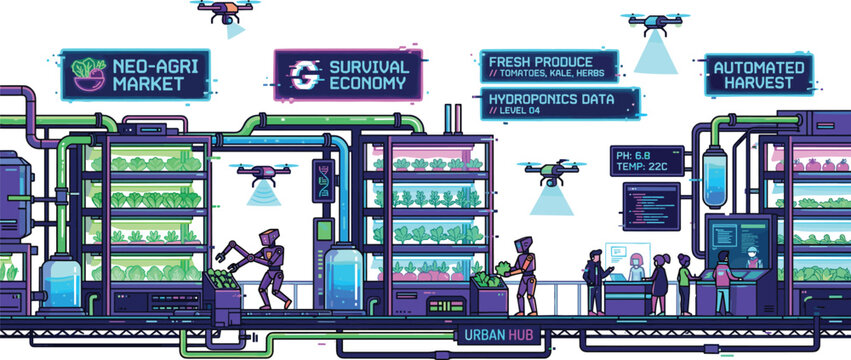 Futuristic urban farming market vector illustration with hydroponic food systems drones and cyberpunk sustainable economy infrastructure