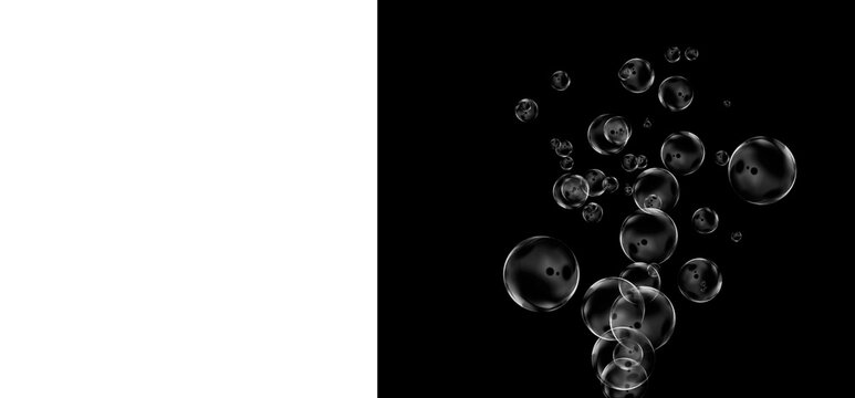 Transparent water bubbles on black background, rising air bubbles in liquid, realistic soap bubble overlay for photo editing and design