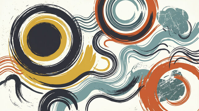 Collection bold circular shapes and wavy lines. Brush drawn vector grunge curved strokes. Trendy vector design with basic geometric shapes. Grunge abstract figures  circles and waves