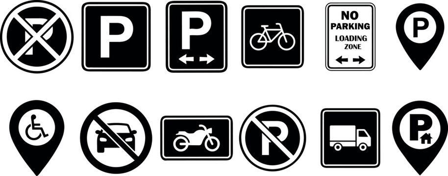 Parking restriction and location signs collection black and white vector icons