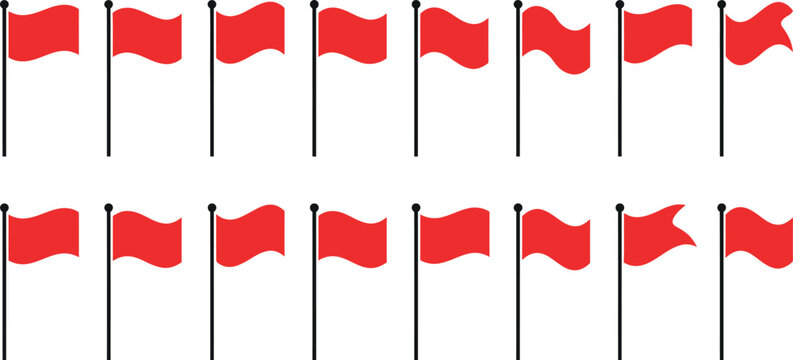 Collection of red flags on black poles isolated on white background