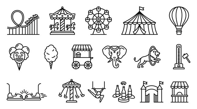 Carnival and Circus Icons Set: Roller Coaster, Ferris Wheel, Tent, Hot Air Balloon