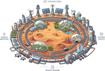 Mars survival habitat vector illustration with futuristic colony domes resource recycling and self sustaining space settlement systems © AntarChandra
