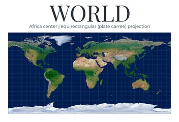 World Map. Equirectangular plate carree projection. Africa center at zero latitude and twenty degrees longitude. High detail physical Earth illustration. © Eugene Ga