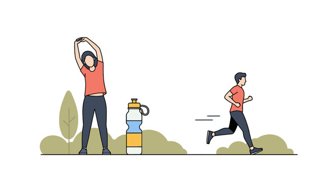 Woman Stretching Beside Water Bottle While Man Runs Outdoors In Fitness Scene