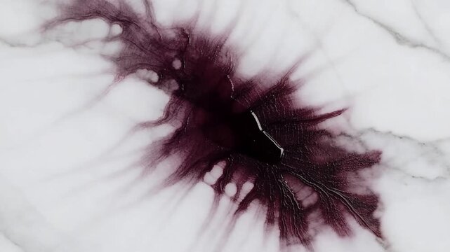 Top down of dark purple grape juice spreading on white marble like a living stain concept of invasive liquid and stone interaction