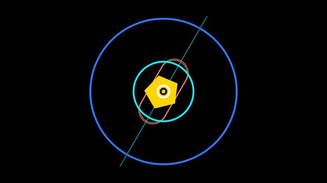 A complex geometric pattern featuring a yellow octagon at the center, surrounded by multiple intersecting lines and colored rings on a black background