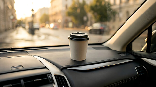 Refreshing drink in a disposable cup on a car's dashboard, capturing the essence of an urban journey and morning travel