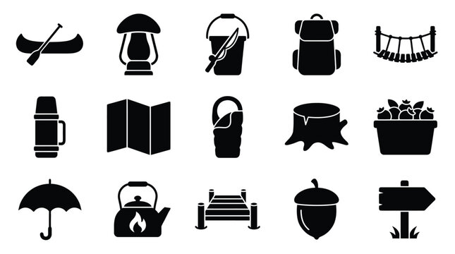 Collection of outdoor adventure and camping icons, including a canoe, lantern, backpack, and sleeping bag.