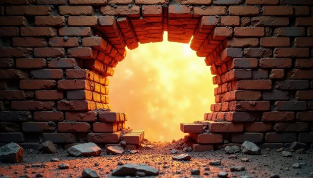 Brick wall crumbling apart as light shines through the broken space, breaking, stone