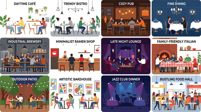 Restaurant atmosphere collection vector illustration with cafes pubs lounges bakeries food halls and diverse dining environments