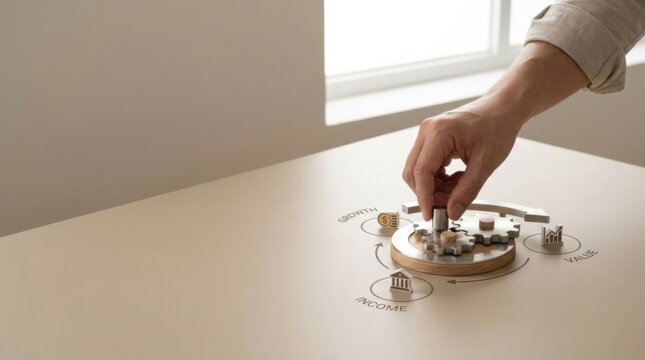 A person's hand skillfully turning a button on a table representing the concept of capital rotation framework