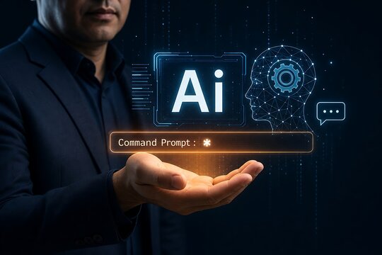 Businessman interacting with an ai interface using a command prompt on a digital screen