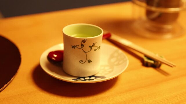 Hand Removing Lid from Japanese Chawanmushi Steamed Egg Custard Cup