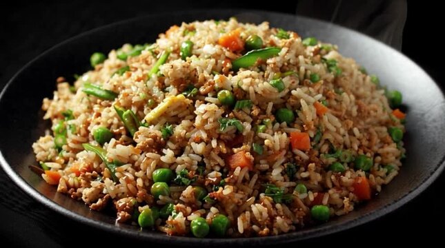 Pouring spicy sweet soy sauce from bottle onto delicious fried rice