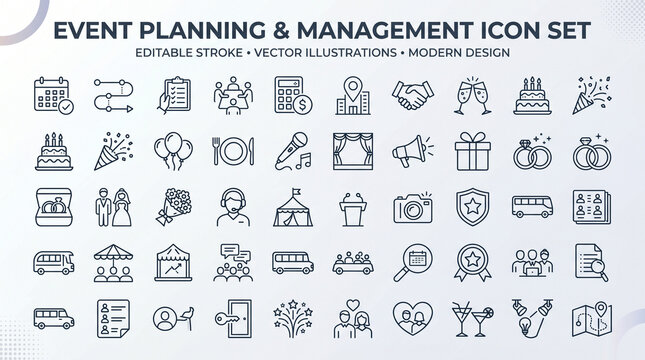 Event planning line editable icon set. Contain icons related to event organization  celebration  party  wedding  management  and more. Editable stroke. vector illustration